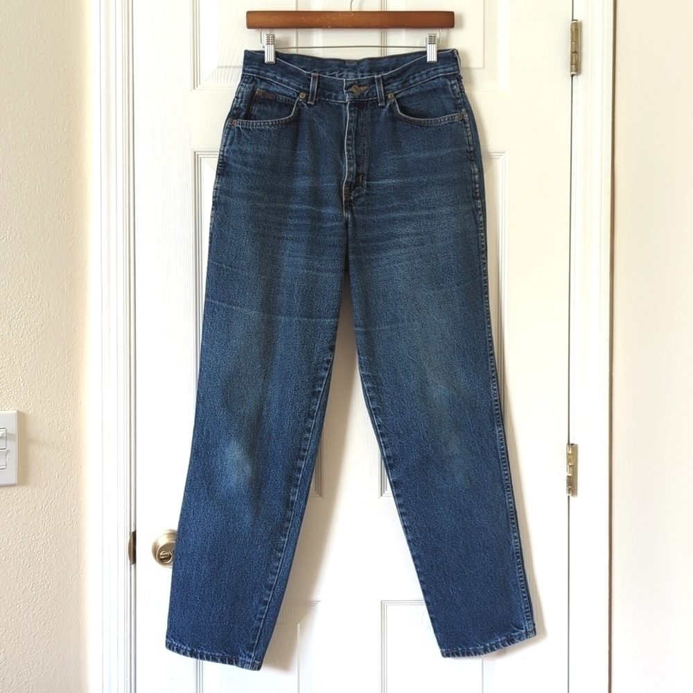 Chic 80's Vintage Dark Wash High Waisted Relaxed Fit Tapered Leg Mom Jeans 14
